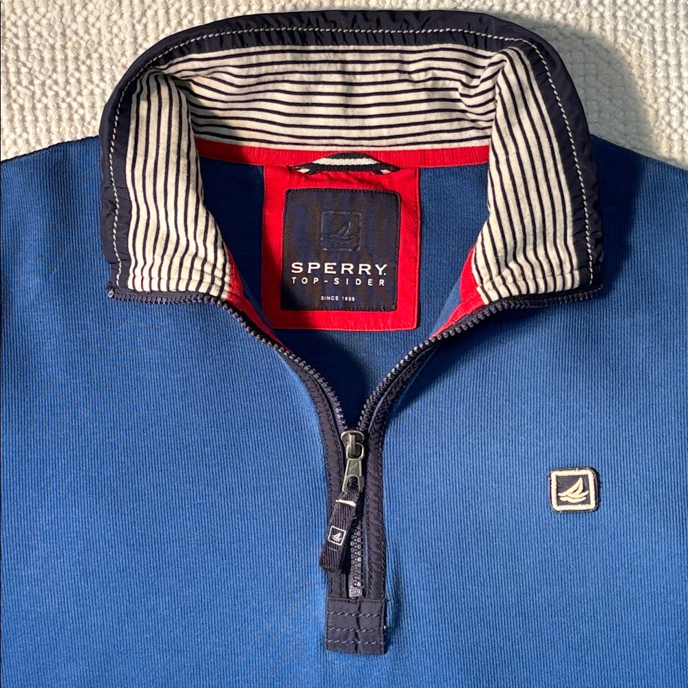 Sperry Top-Sider Blue 1/2 Zip Nautical Pullover, Striped Collar, Large, EUC - Picture 2 of 16